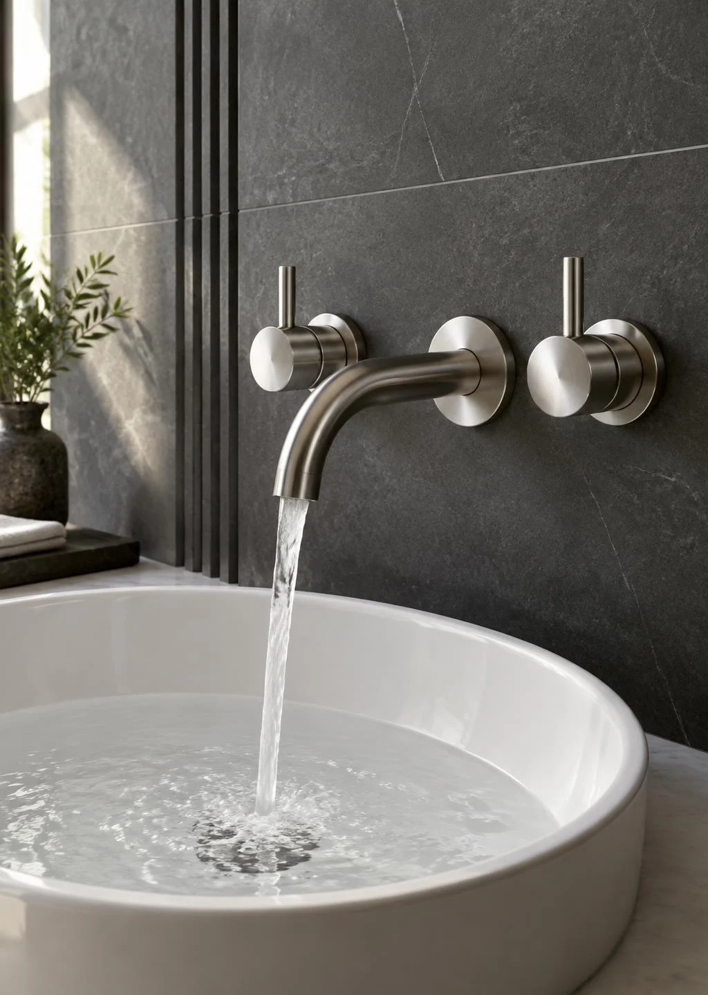 Illustrative wall-mounted silver faucet and precise valve details