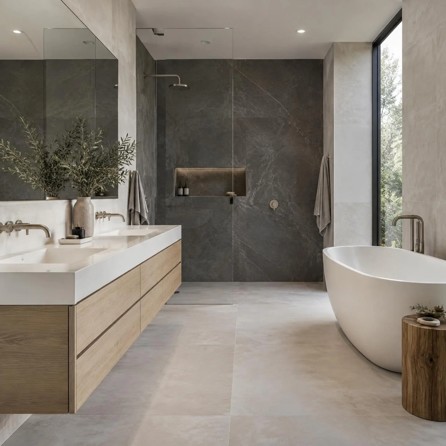 Illustrative contemporary bathroom with sink, vanity and bath