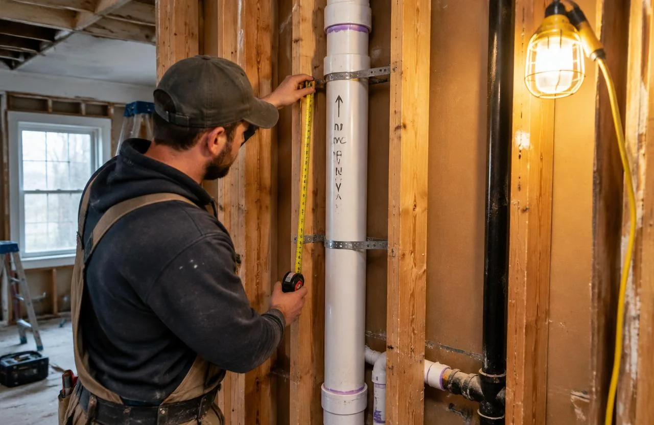 Plumber measuring a new PVC plumbing vent stack in open wall framing