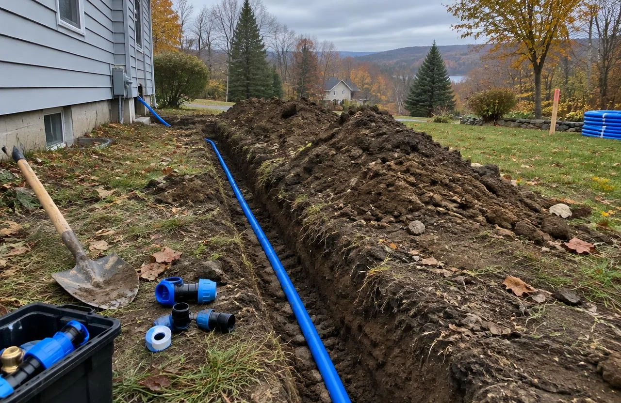 New blue water service line laid in a trench beside a house